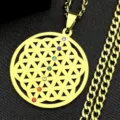 Collier pendentif fleur de vie en acier inoxydable avec cristaux, vue détaillée. - Style B / Or