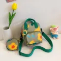 Canvas crossbody bag with coin purse, cute floral print and green strap for women. - Green