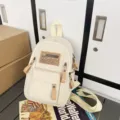 Canvas casual daily backpack for students and travel, cream white design with multi pockets. - White