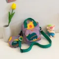 Purple canvas shoulder bag with green straps, cute cartoon frog pattern and coin purse. - Purple