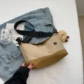 Retro casual canvas crossbody bag, stylish color block messenger bag with cute plush pendant. - With Pendant / Khaki