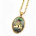Gold tone Tree of Life pendant necklace with vintage time gem glass dome design. - Gold A