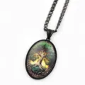 Black metal tree of life glass cabochon pendant necklace with matching chain juelry - Black A
