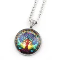 Collier pendentif arbre de vie en acier inoxydable cabochon verre, style vitrail coloré. - Argent C