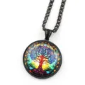 Collier pendentif arbre de vie en acier inoxydable avec cabochon en verre colore chaine noire. - Noir C