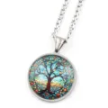 Collier pendentif Arbre de Vie en acier inoxydable avec pierre de verre ronde mode. - Argent D