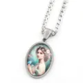 Collier pendentif ovale ton argent avec illustration artistique femme et oiseau bijou tendance. - Argent C