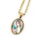 Collier pendentif portrait ovale doré avec design artistique de femme vintage chaîne - Or C
