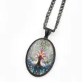Vintage stained glass tree of life pendant necklace with black metal chain fashion jewelry - Black D