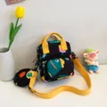 Cute Japanese style canvas crossbody bag with yellow straps and coin purse for women. - Black