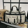 Large capacity sports duffel bag for gym, travel and training with multiple pockets. - Khaki