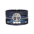 Multi-layer leather bracelet with crystal tree of life charm, rhinestones, and magnetic clasp. - Dark Blue