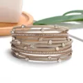 Multi-layer wrap bracelet for women, nude PU leather with sparkling rhinestones and metal. - Khaki
