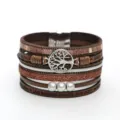 Multi-layer leather bracelet for women, brown braided wristband with tree of life charm and pearls. - Coffee