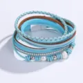 Multi-layer leather wrap bracelet for women with pearls, rhinestones and magnetic clasp. - Lake Blue