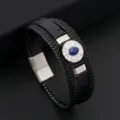 Punk multi-layer braided leather bracelet for men with stylish blue stone metal detail. - Black + Silver Steel