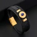 Close-up detail of multi-layer braided leather bracelet with gold metal and blue stone. - Black + Gold