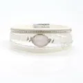 Multi-layer white PU leather wrap bracelet with rhinestones, crystals and pink stone magnetic clasp. - White