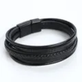 Heren meerlaags gevlochten lederen armband met roestvrijstalen magnetische sluiting - Zwart