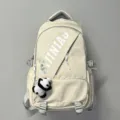 Lässiger Segeltuchtyp Rucksack für Damen, große Kapazität Schultasche mit niedlichem Panda-Anhänger. - Weiß + Panda