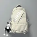 Grosse beige Rucksack fuer Damen und Herren, modische Schultasche mit suessem Anhaenger. - Weiß + Langbeiniger Hase Schachbrettmuster