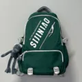 Grüner großer Schulrucksack für Studenten mit modischem Buchstabendruck und süßem Froschanhänger. - Grün + Grauer Frosch
