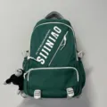 Großer grüner Canvas Rucksack für Studenten, stylische Laptoptasche mit mehreren Fächern. - Grün + Schimpanse