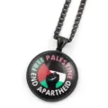 Collier avec pendentif rond en metal noir motif drapeau palestinien et symbole de poing. - Noir E