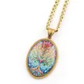 Golden Tree of Life Pendant Necklace with Glass Cabochon Time Gemstone and Curb Chain. - Gold E