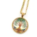 Collier chaîne en acier inoxydable doré avec pendentif cabochon verre arbre de vie. - Or E