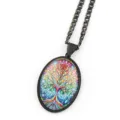 Tree of life oval pendant necklace with black metal chain, vintage colorful glass jewelry. - Black E