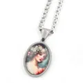 Vintage ovale portrait gemme pendentif collier en acier inoxydable chaîne bijou de mode - Argent E