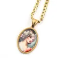 Collier chaîne dorée vintage avec pendentif ovale en verre portrait d art mode femme bijou - Or E