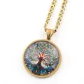Collier Pendentif Rond en Acier Inoxydable Motif Arbre de Vie avec Verre Cabochon - Or F