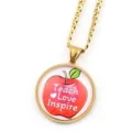Collier doré avec pendentif rond en verre, motif pomme rouge et thème enseignant spécial. - Or G