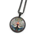Pendentif collier en verre arbre de vie en acier inoxydable bijou tendance chic - Noir F