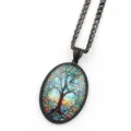 Vintage tree of life glass cabochon pendant necklace with black metal chain, retro jewelry. - Black G