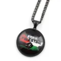 Collier pendentif cabochon verre rond noir drapeau palestinien et texte Free Palestine. - Noir H