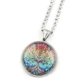 Collier pendentif cabochon en verre arbre de vie coloré en acier inoxydable chic. - Argent H