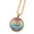 Collier pendentif arbre de vie en acier inoxydable avec cabochon en verre coloré. - Or H