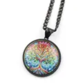Collier pendentif arbre de vie en acier inoxydable, motif vitrail coloré finition noire. - Noir H