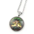Superbe collier en acier inoxydable Arbre de Vie avec pendentif cabochon en verre chic. - Argent J