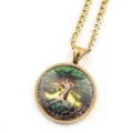 Collier pendentif cabochon en verre arbre de vie en acier inoxydable chaîne gourmette - Or J