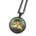 Moderne collier pendentif en acier inoxydable avec cabochon en verre motif arbre de vie - Noir J