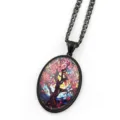 Black metal oval glass dome necklace with colorful tree of life pendant design variant. - Black J