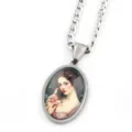 Collier pendentif cabochon en verre ovale vintage avec design d'art de portrait de femme. - Argent J