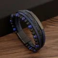 Pulsera de cuero multicapa trenzada con cuentas de piedra preciosa para hombre con cierre - 19cm / Lapislázuli