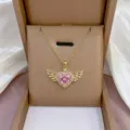 Exquisite gold-plated angel wings pink heart crystal pendant necklace delicate jewelry detail. - Heart Wing (X0989)