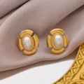 Vintage gold geometric pearl earrings for women, elegant stainless steel fashion jewelry. - Hollow Oval Style (1254)