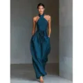 Elegant women's halter cross-strap wide-leg linen jumpsuit with waist tie for summer. - XS / Blue